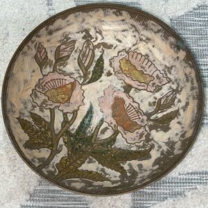 Vintage Hand Painted Engraved Brass Bowl-Original Patina. Flower & Leaf Pattern